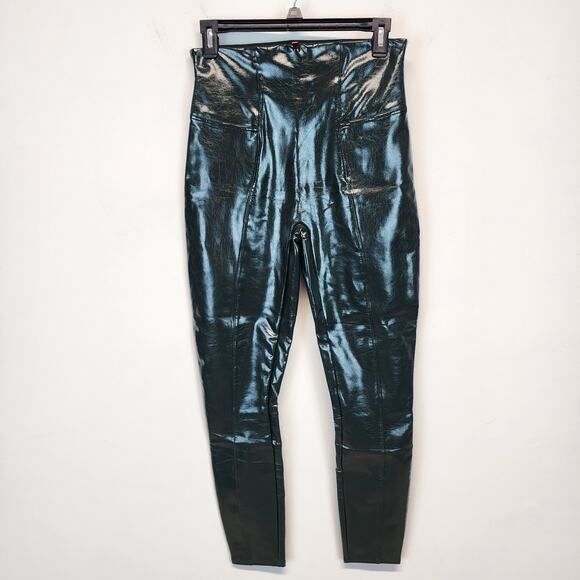 Spanx Faux Patent Leather Liquid Gloss Leggings Size M Deep Green Moto 20301R - Picture 3 of 15